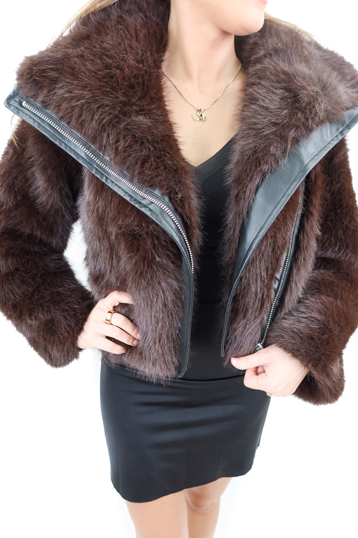 river island brown fur zip up jacket (s; retail $177)