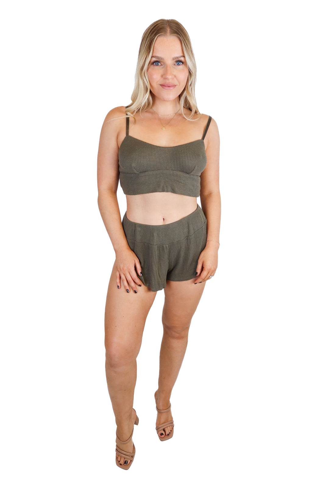 Eberjey Green Rib Knit Cropped Cami & Short Pajama Set (S; retail $138)
