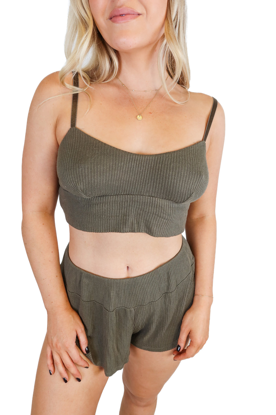 Eberjey Green Rib Knit Cropped Cami & Short Pajama Set (S; retail $138)