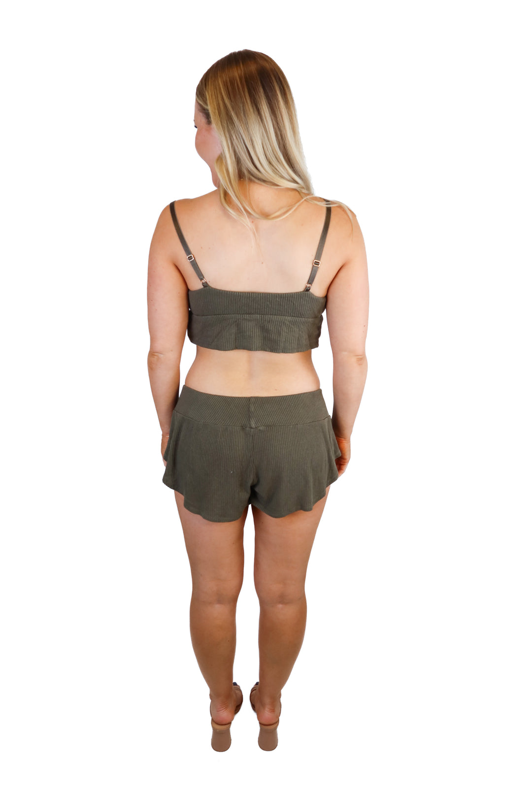 Eberjey Green Rib Knit Cropped Cami & Short Pajama Set (S; retail $138)