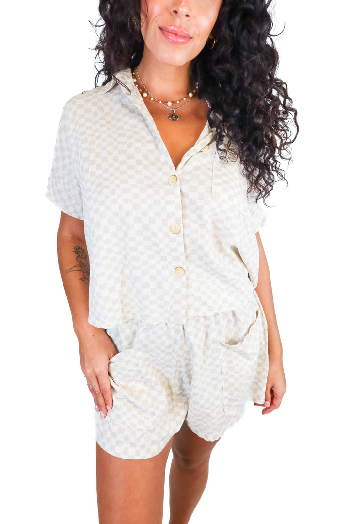 Rylee & Cru white/beige checkered set (S; retail $70)