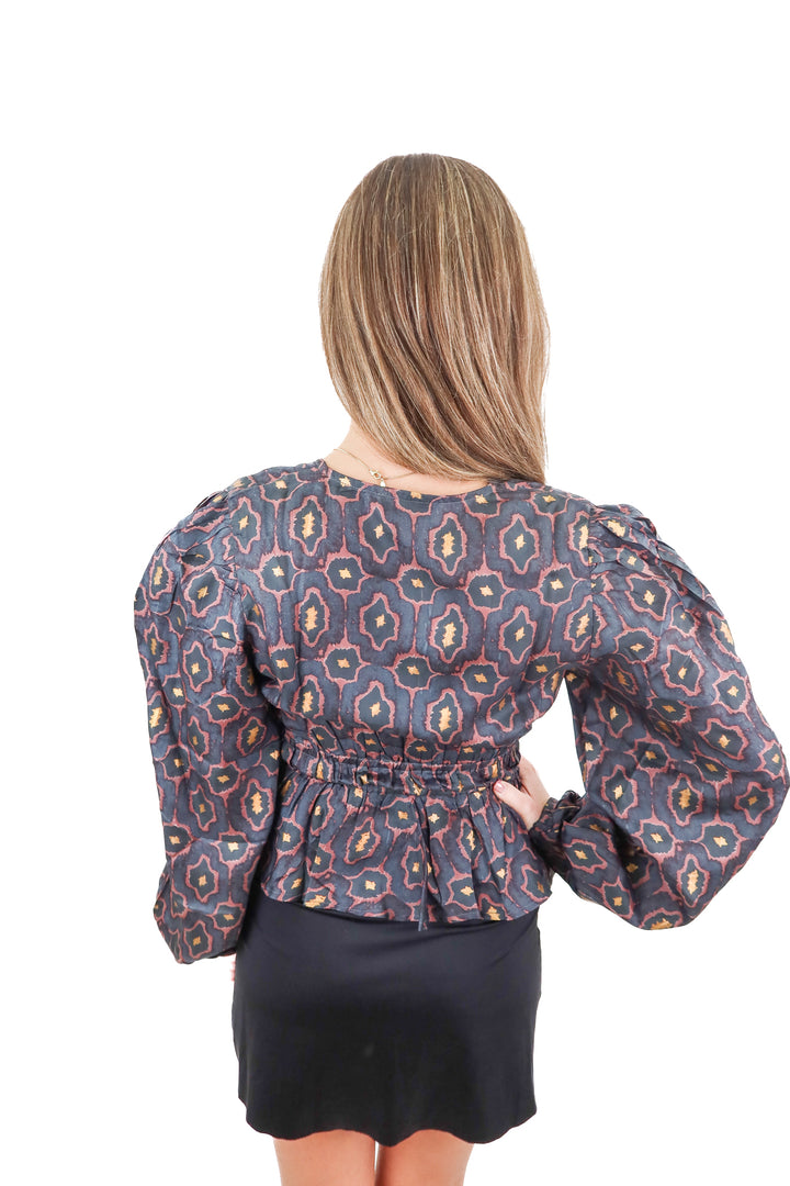 hannah dark printed smocked blouse (0; retail $325)*