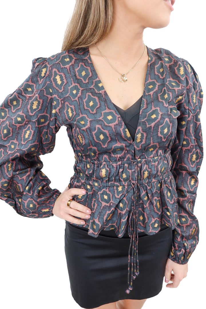 hannah dark printed smocked blouse (0; retail $325)*