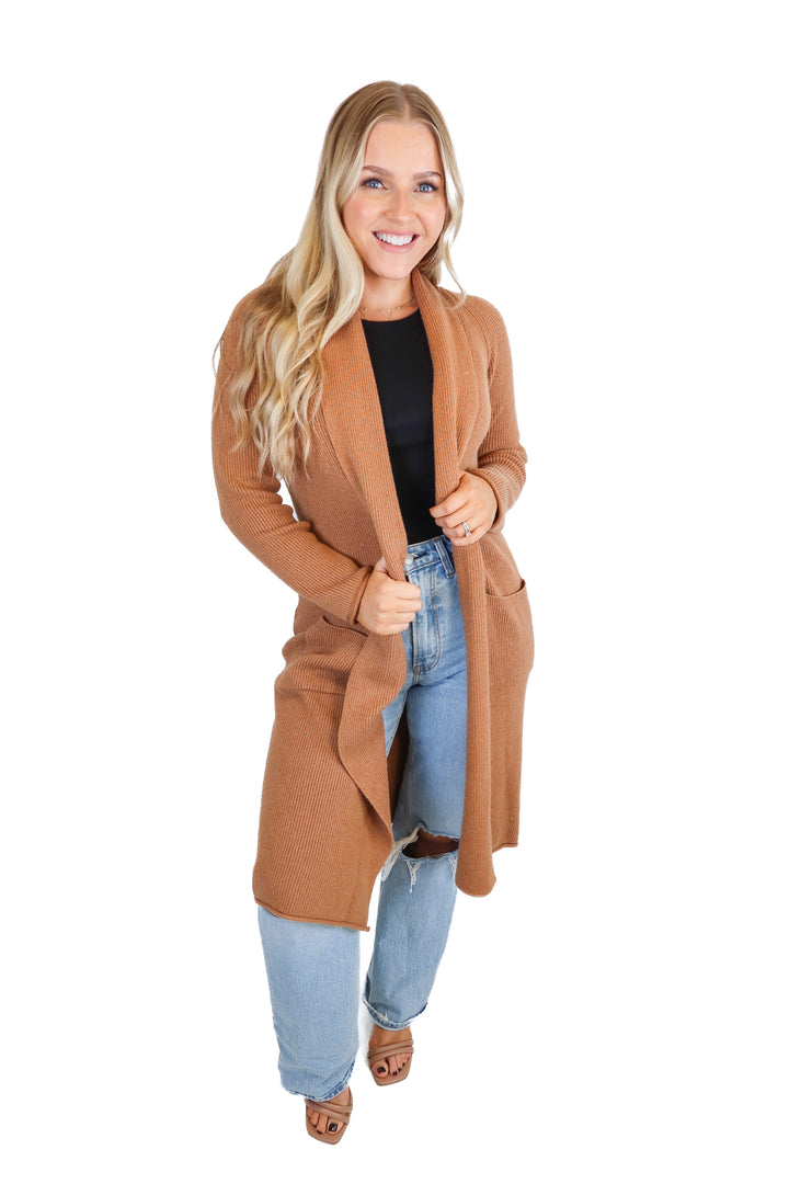 Magaschoni Camel Long Open Cardigan (S; retail $78)