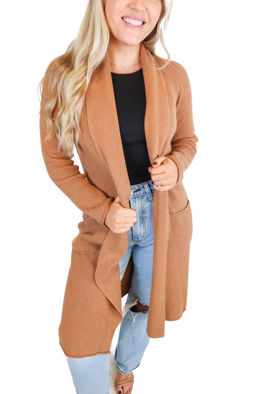 Magaschoni Camel Long Open Cardigan (S; retail $78)