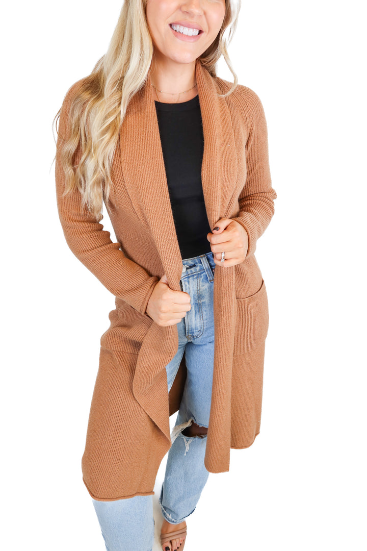 Magaschoni Camel Long Open Cardigan (S; retail $78)