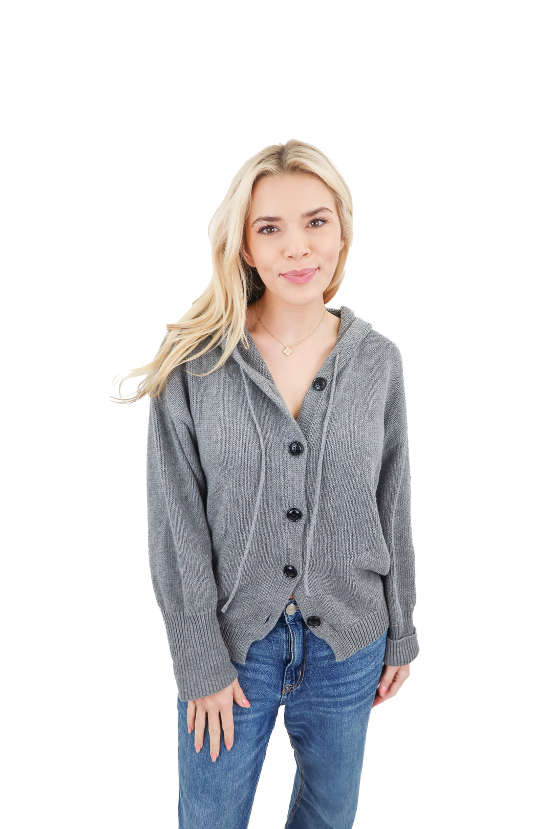 commense grey knit button up hoodie (s)