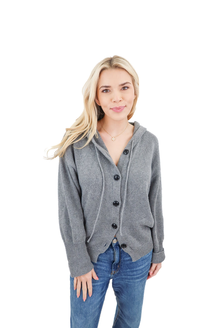 commense grey knit button up hoodie (s)