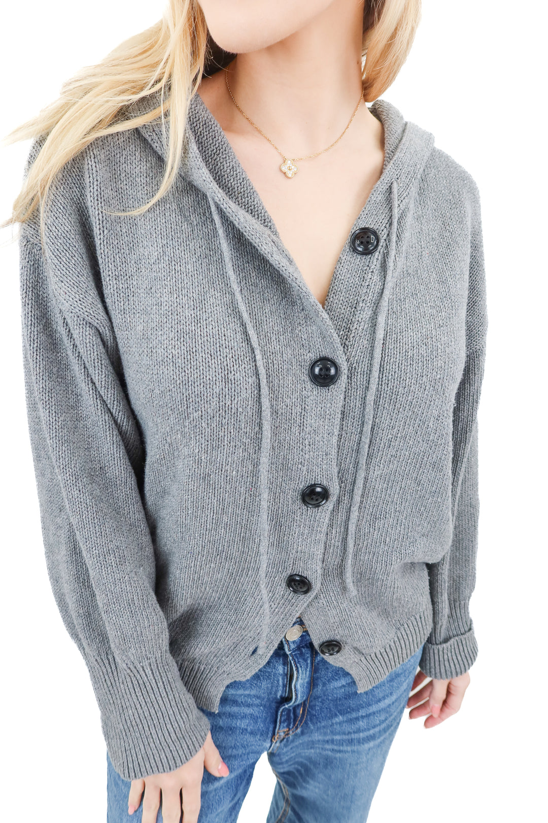 commense grey knit button up hoodie (s)