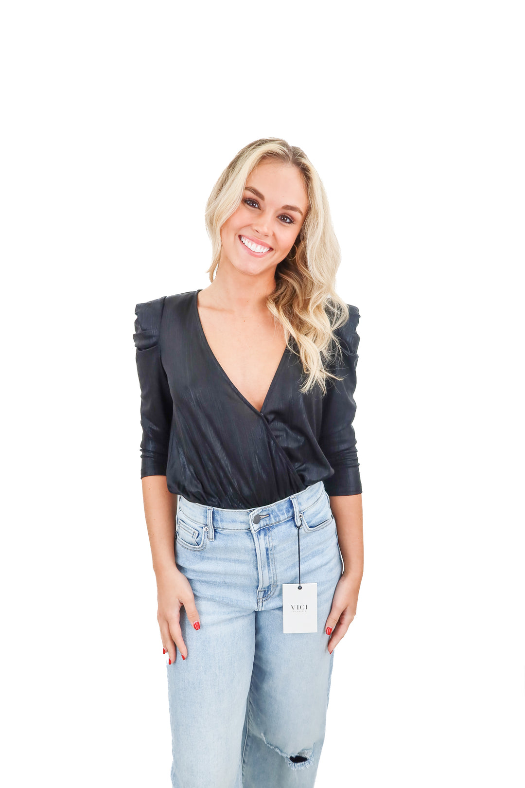 retrofete black metallic deep v bodysuit (s; retail $198)