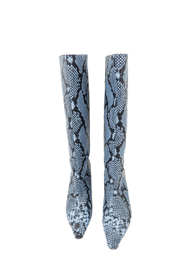 raye blue/grey snakeskin boots (7; retail $320)