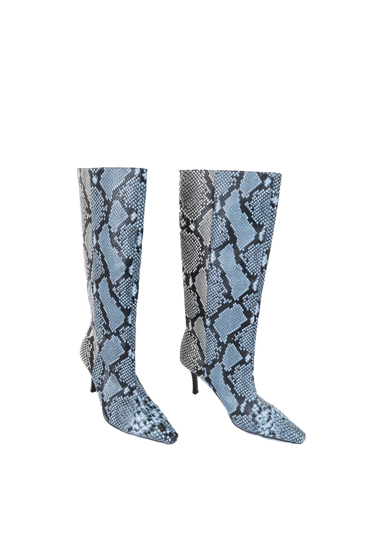 raye blue/grey snakeskin boots (7; retail $320)