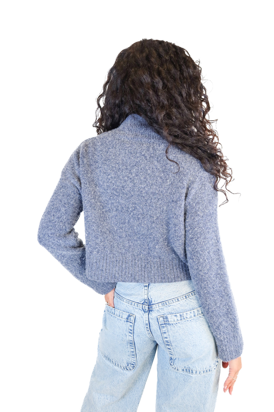 Two Little Sisters Blue Mock Neck Fuzzy Crop Sweater (S/M)