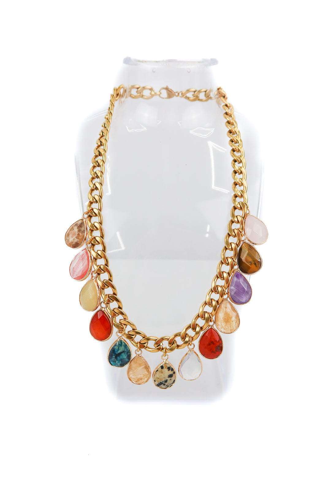 Gold teardrop gem chain necklace
