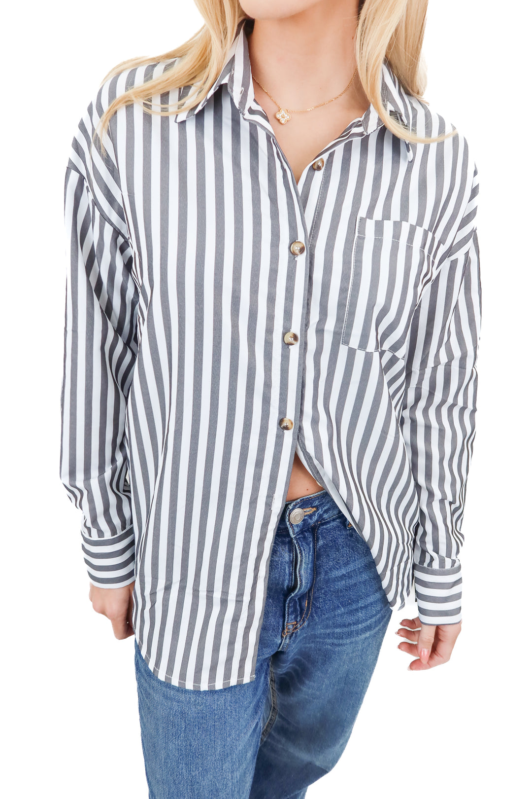 hotouch grey striped button up top NWT (s)