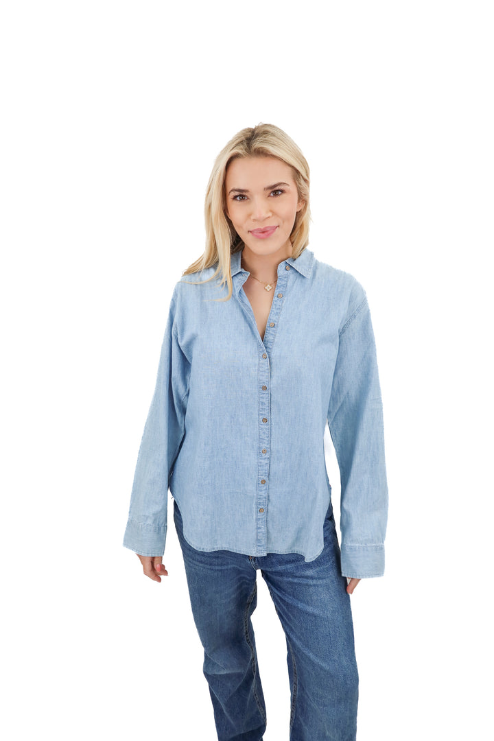 xierna light blue chambray button up top NWT (s; retail $220)