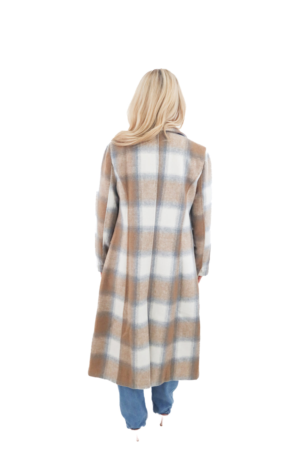 fashion collection tan plaid long coat nwt (s)