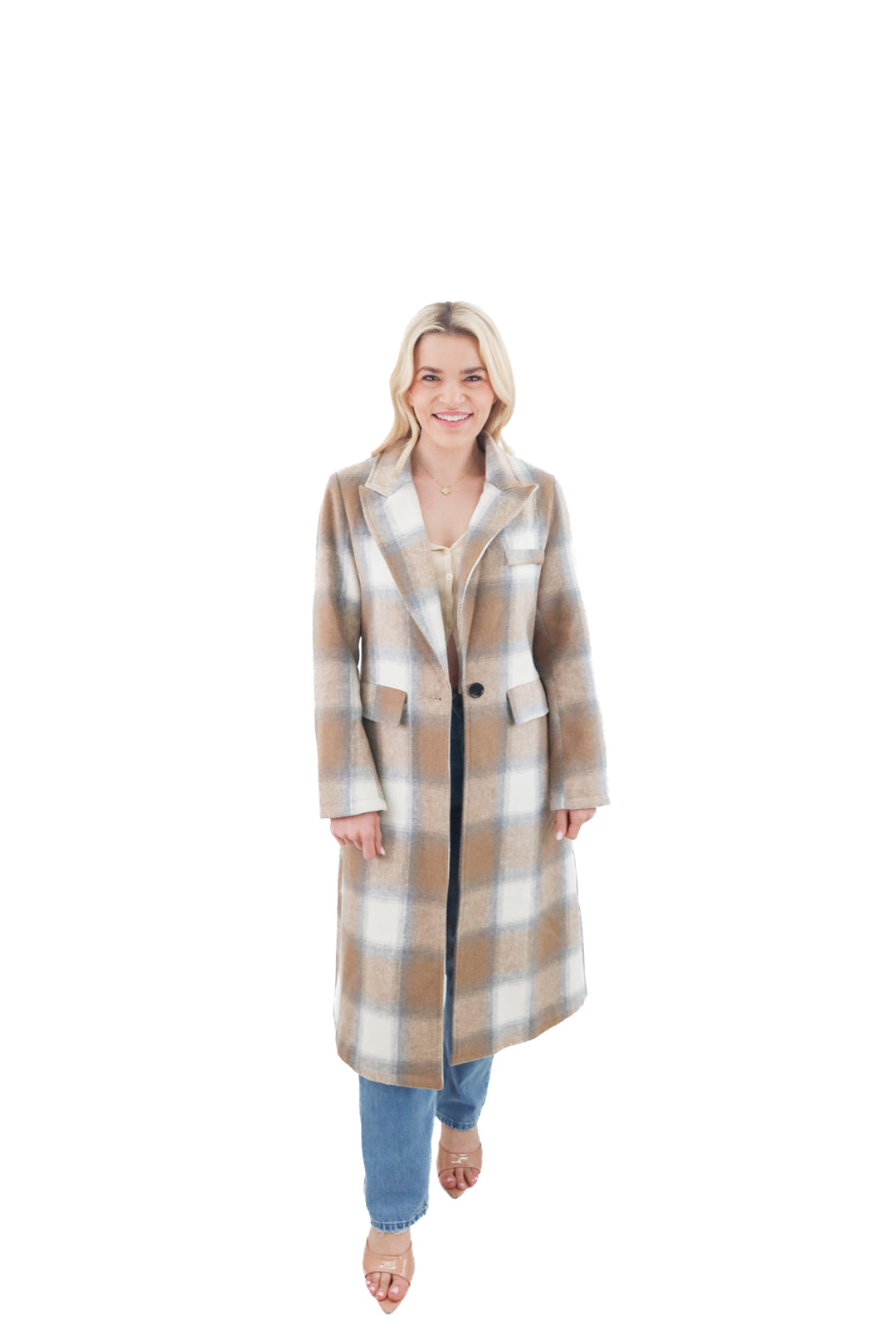 fashion collection tan plaid long coat nwt (s)