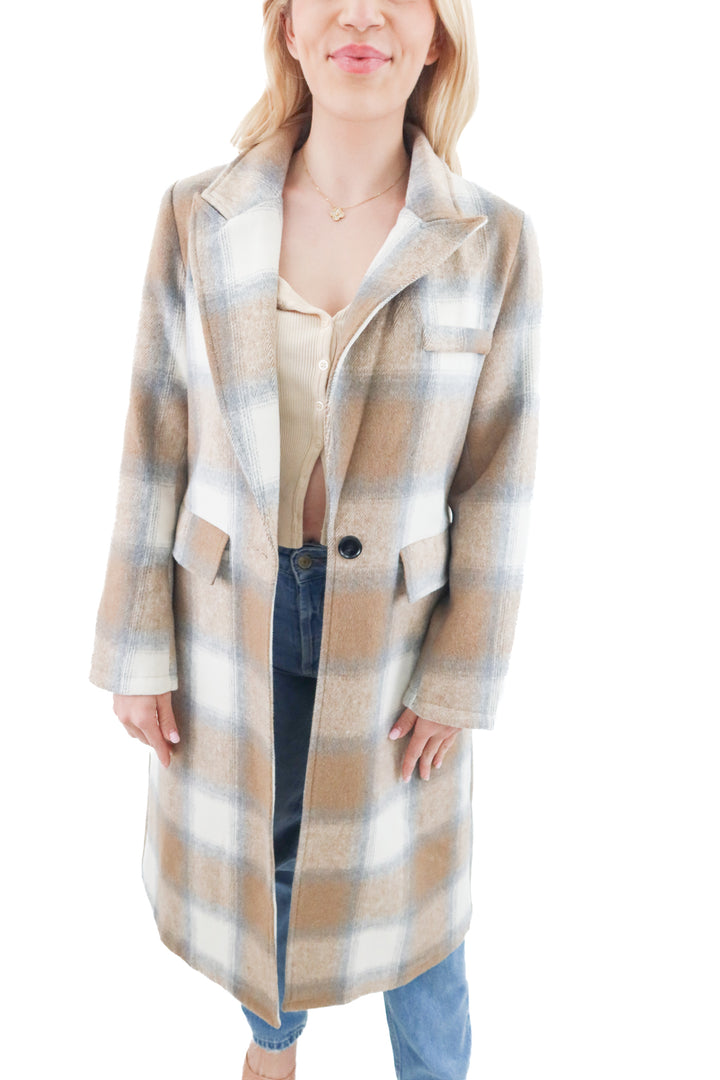 fashion collection tan plaid long coat nwt (s)