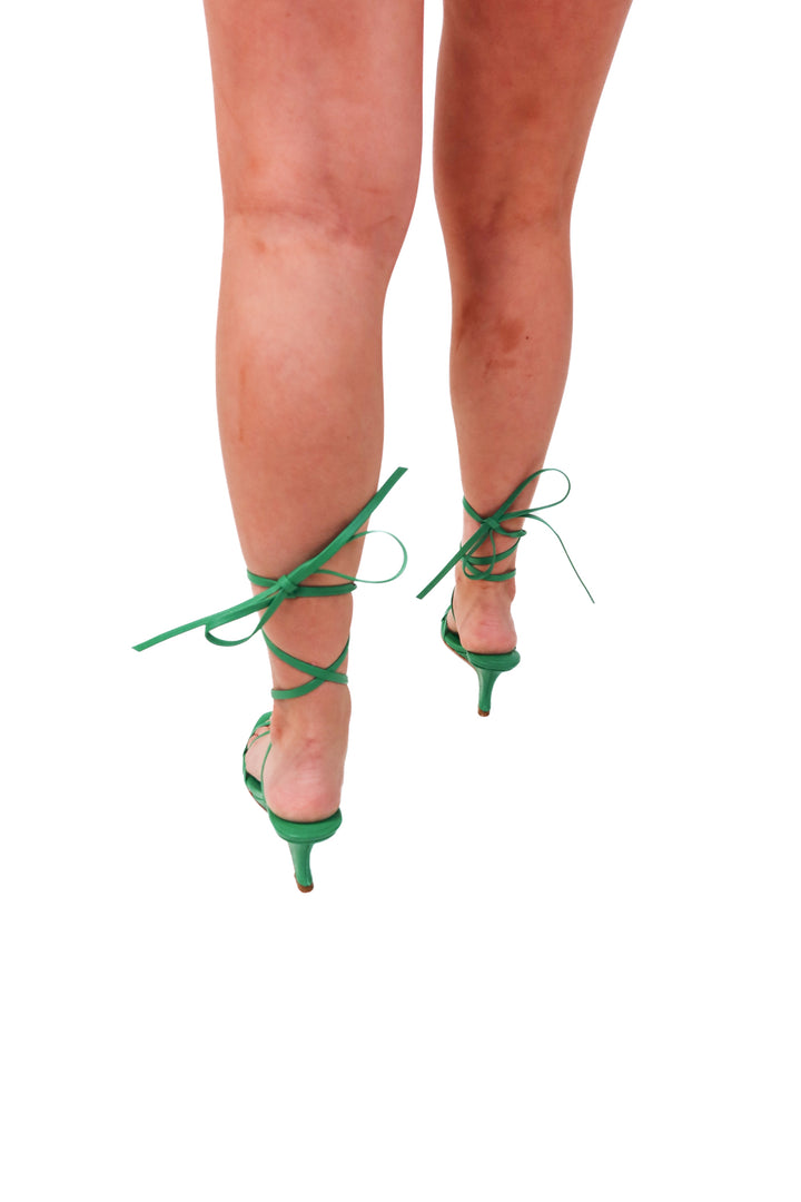 lpa green strappy wedges (9; retail $178)