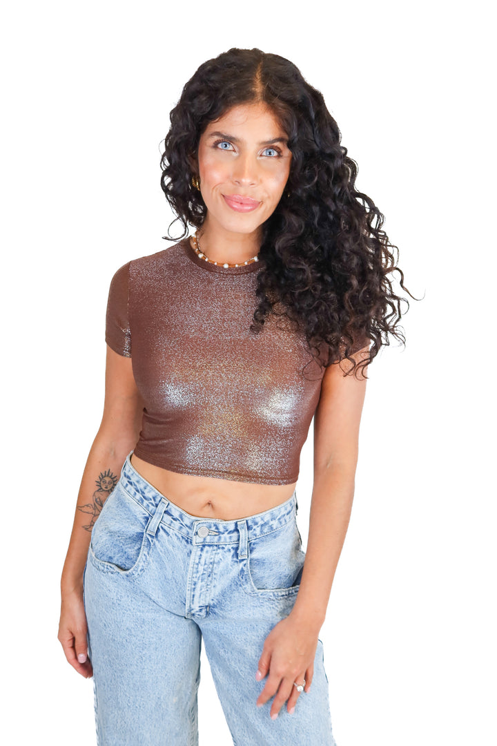 Skims Brown Shimmer Cropped Tee NWT (M; retail $59)