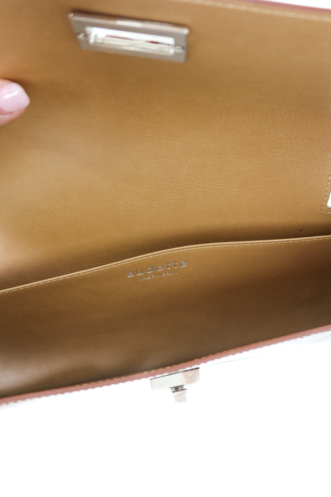 audette patent leather brown baguette shoulder bag (retail $530)