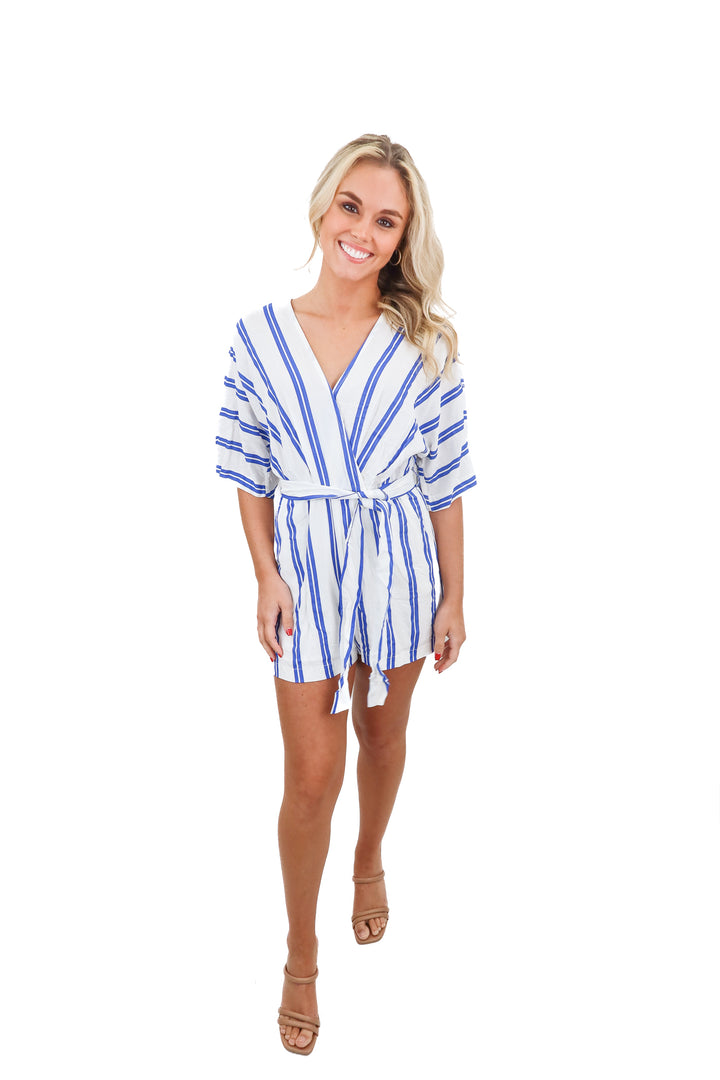 vici white/blue striped romper (s; retail $62)