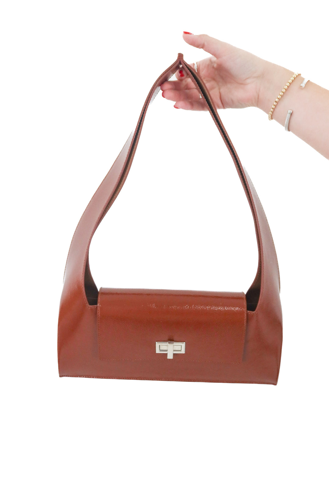 audette patent leather brown baguette shoulder bag (retail $530)
