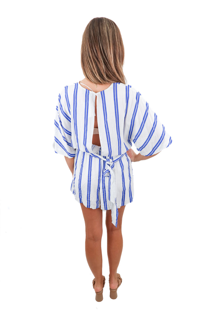 vici white/blue striped romper (s; retail $62)