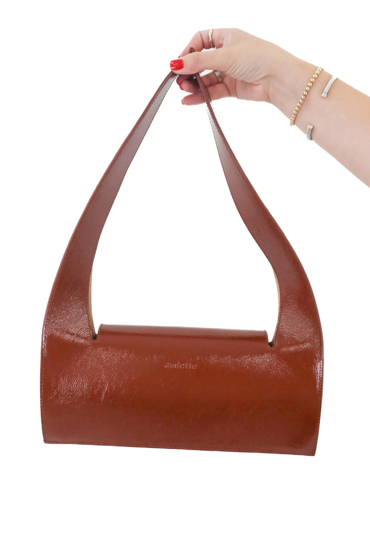 audette patent leather brown baguette shoulder bag (retail $530)