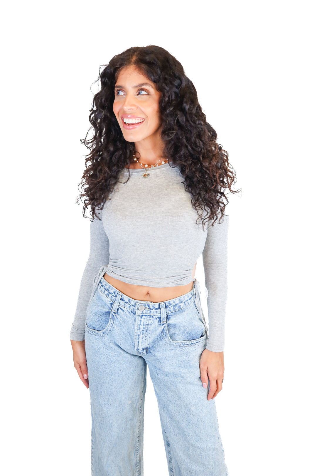 Kittenish Grey Ruched Side Knit Top (XS)