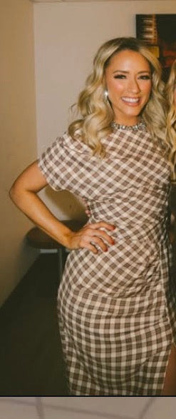 fashion nova one shoulder brown plaid dress (s)