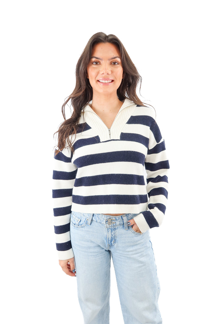 mng white/navy stripe 1/4 zip pullover sweater (m)