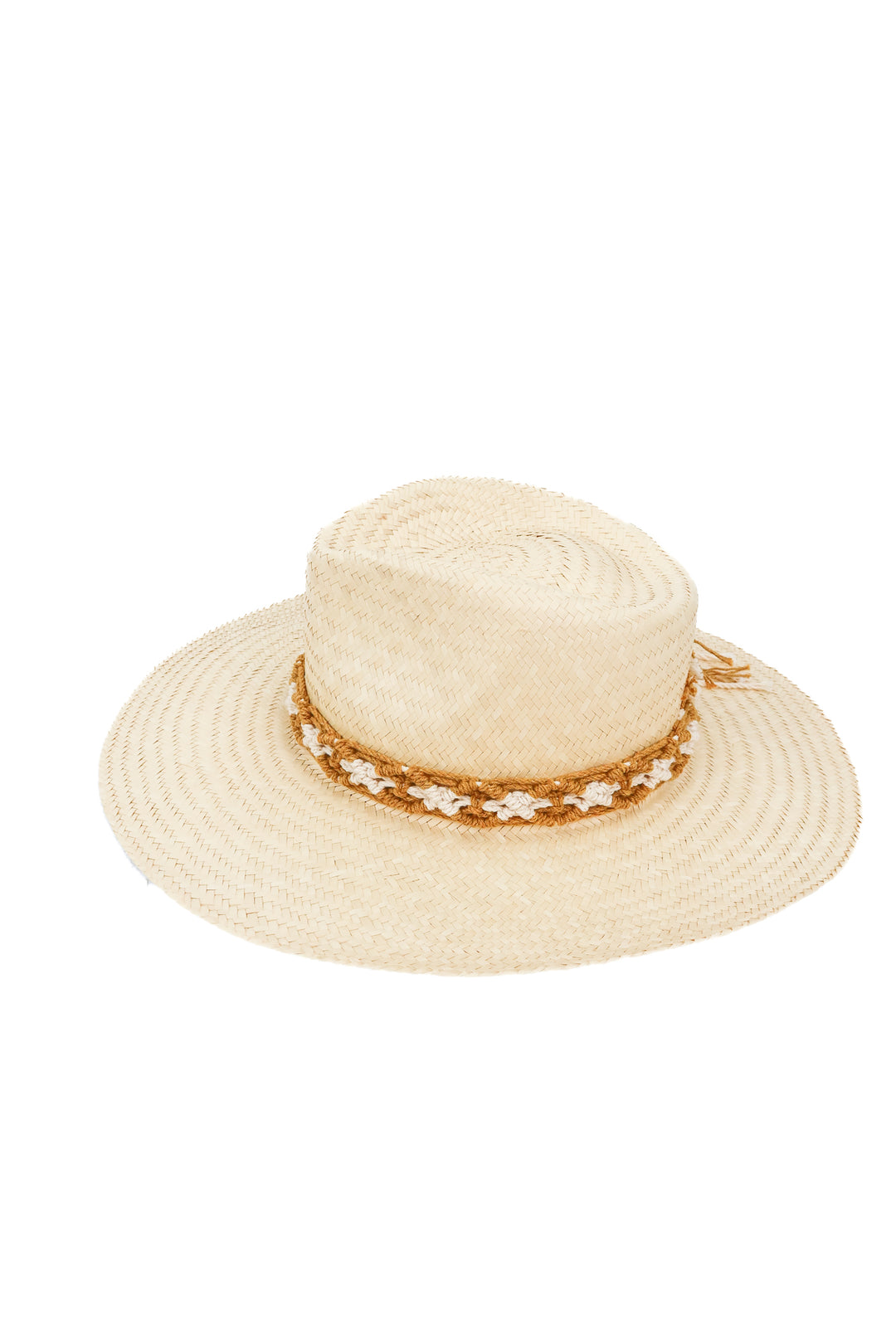 Straw hat with crochet brim