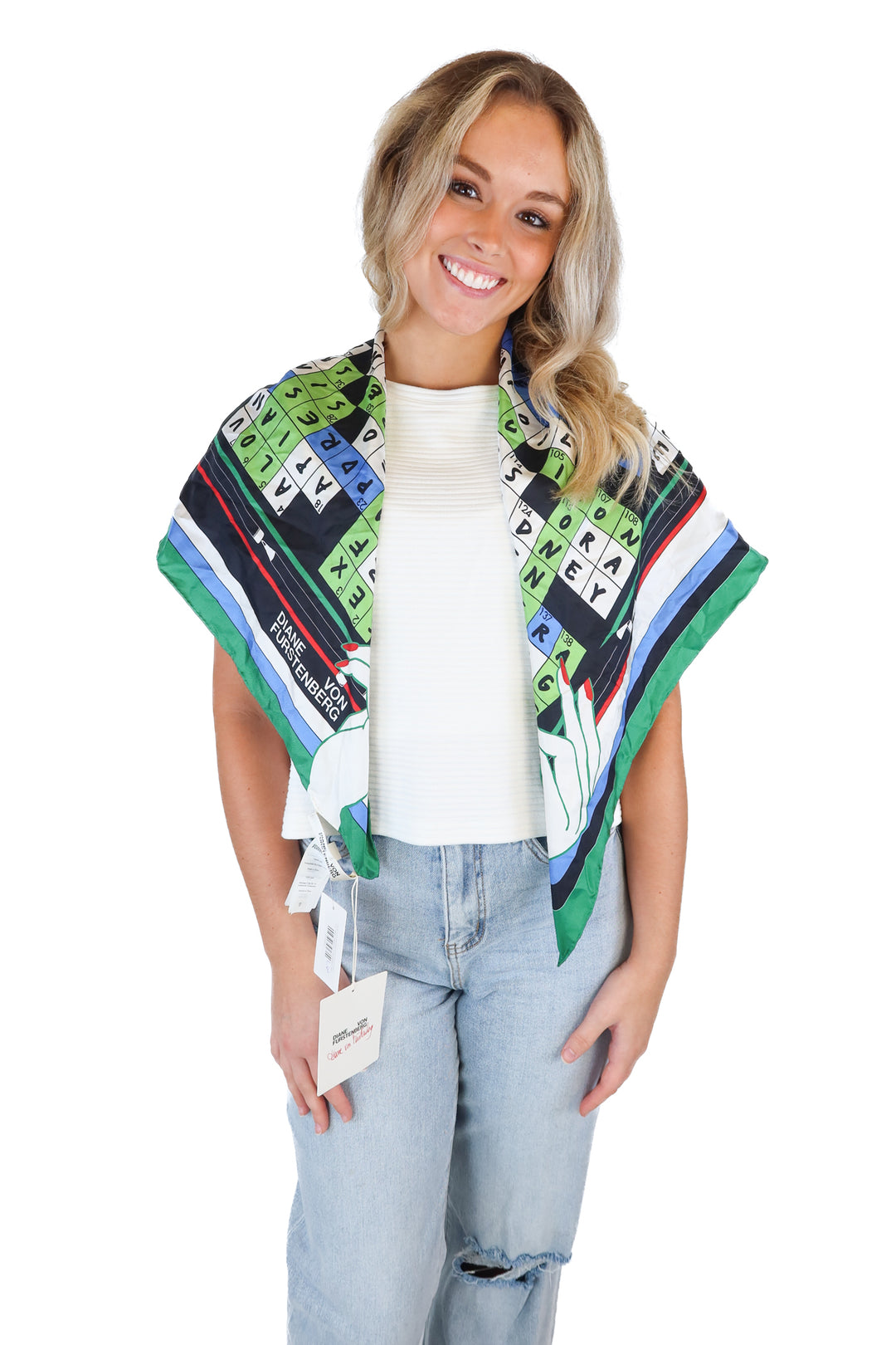 Diane Von Furstenberg multi colored crossword scarf NWT (O/S; retail $258)