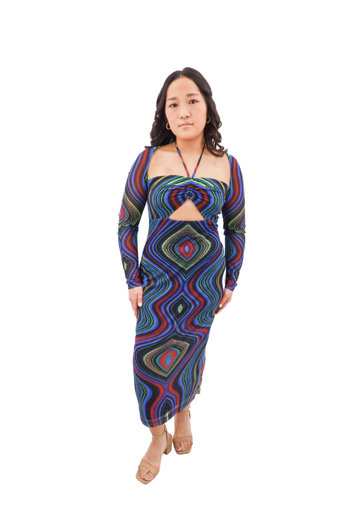 afrm blue abstract patterned maxi dress (m; retail $88)