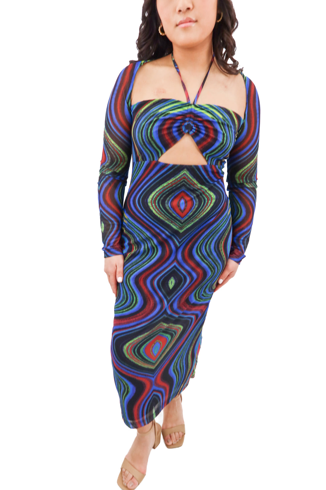 afrm blue abstract patterned maxi dress (m; retail $88)