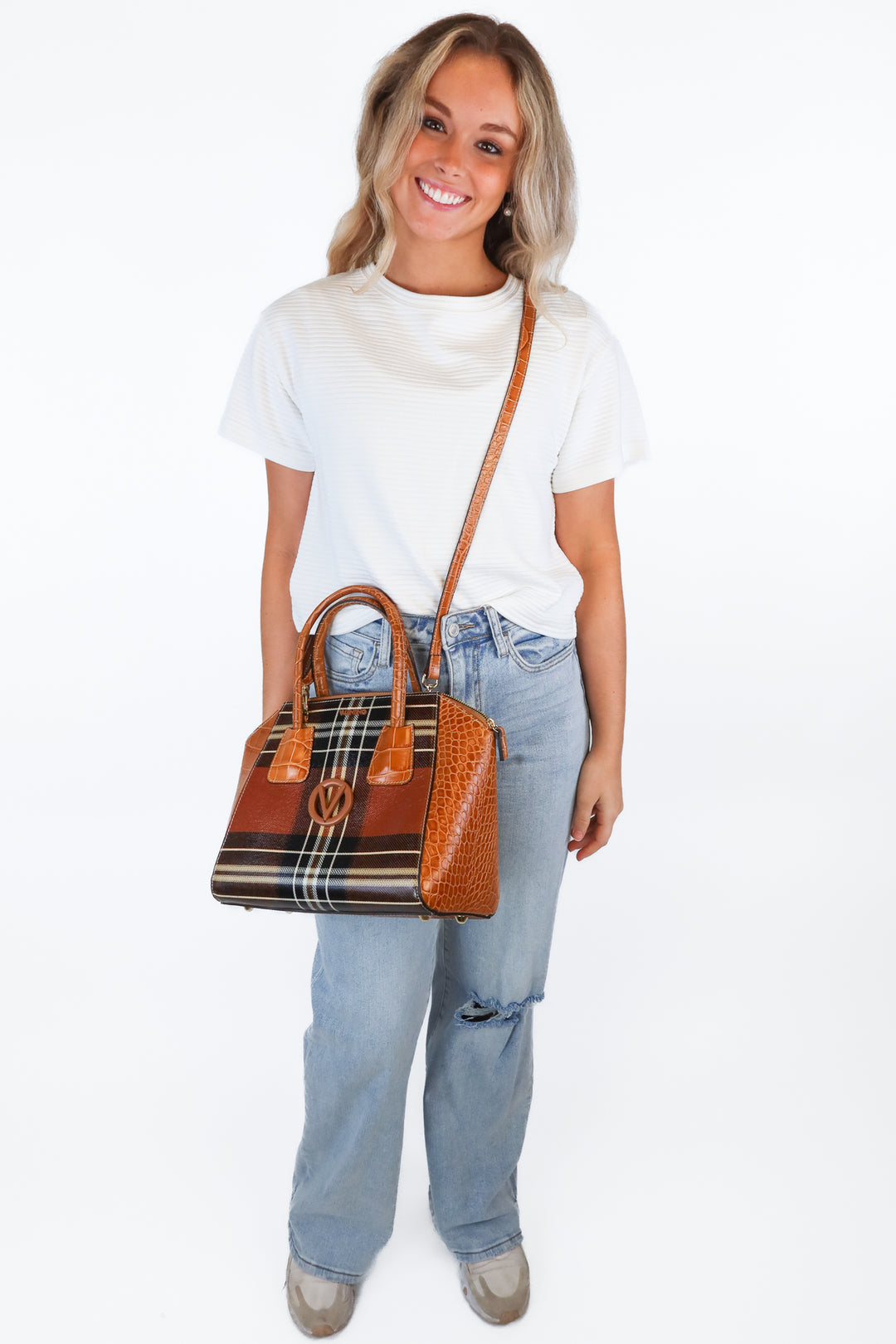 Mario Valentino Brown Plaid Croc Trim Handbag (retail $895)