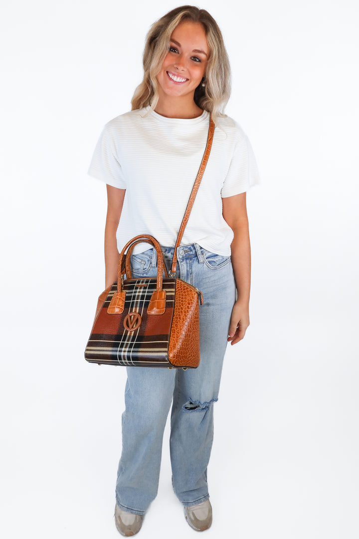 Mario Valentino Brown Plaid Croc Trim Handbag (retail $895)
