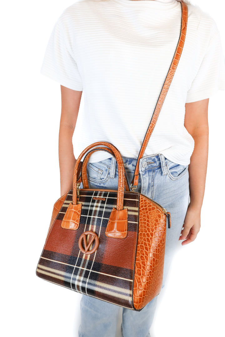 Mario Valentino Brown Plaid Croc Trim Handbag (retail $895)