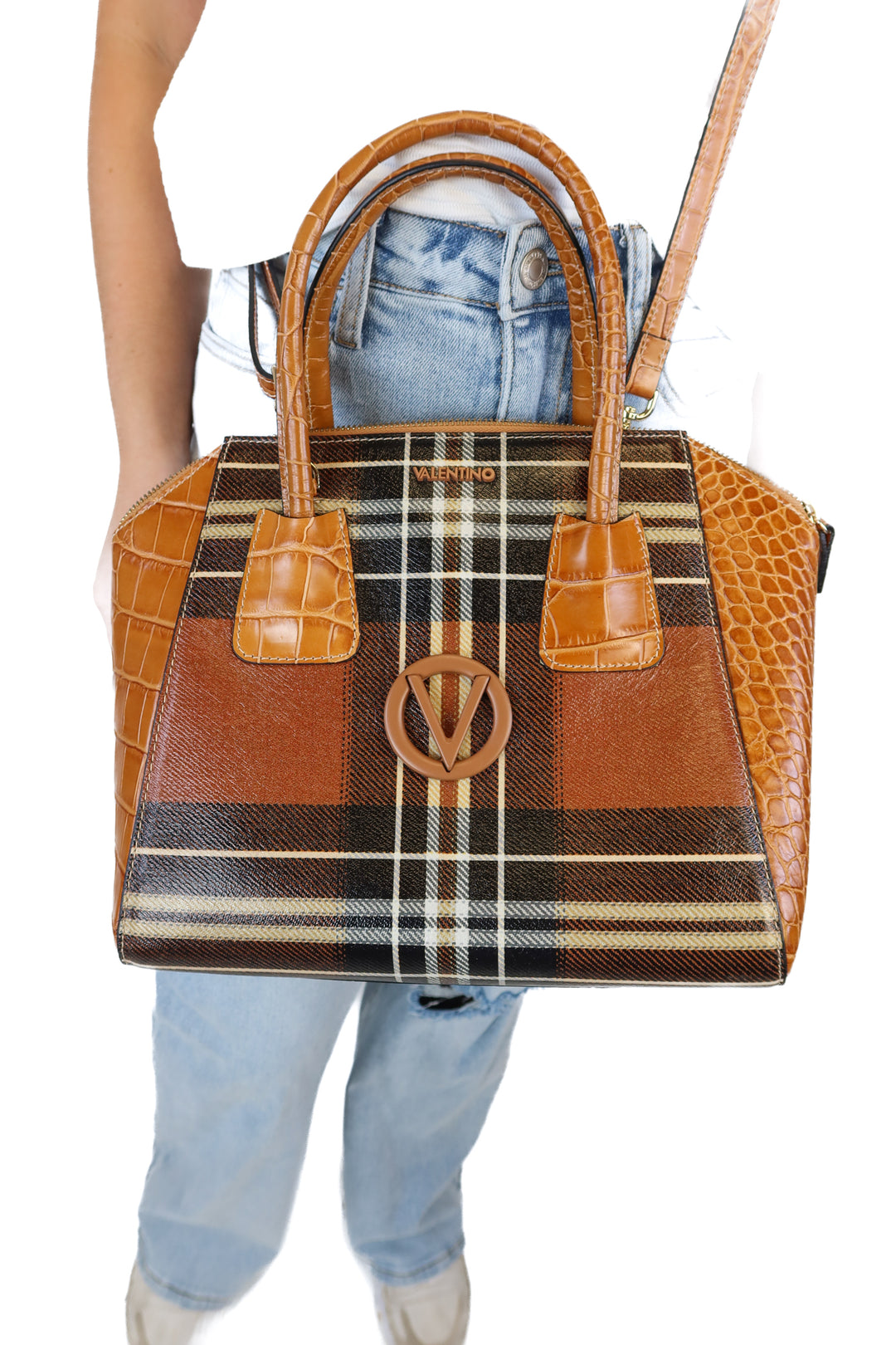 Mario Valentino Brown Plaid Croc Trim Handbag (retail $895)