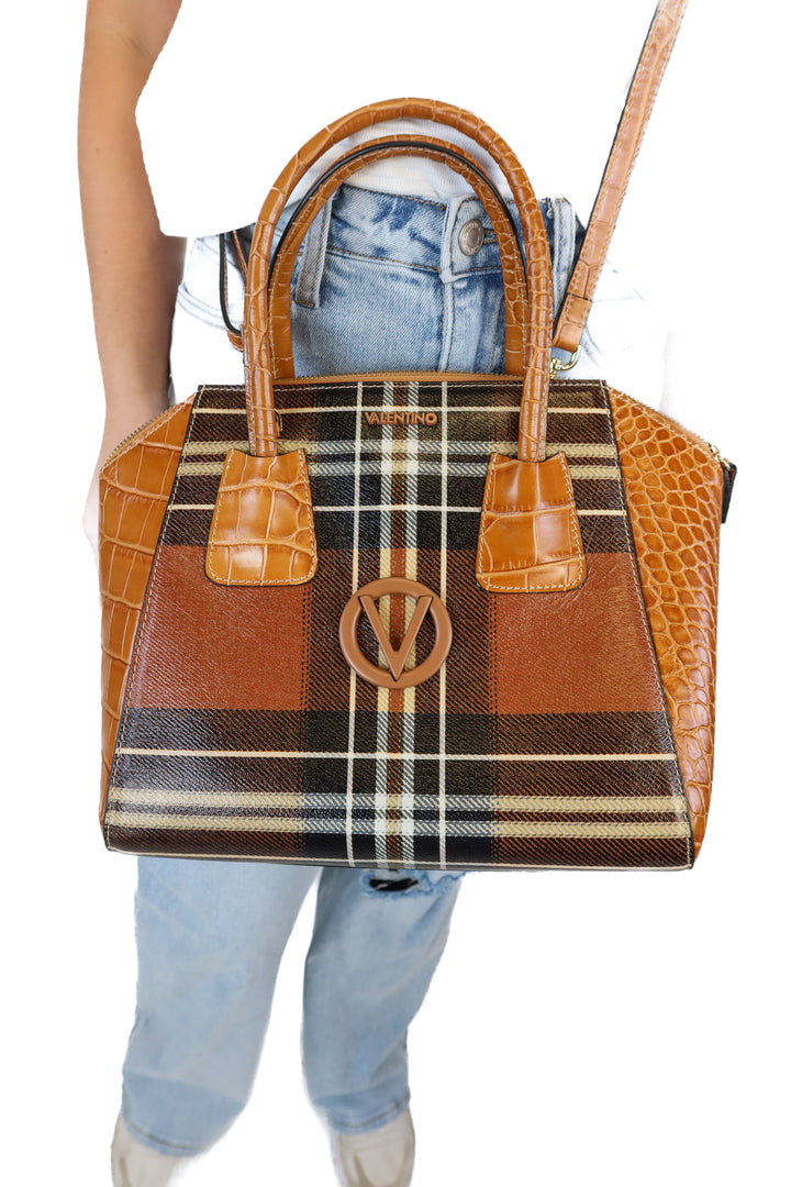 Mario Valentino Brown Plaid Croc Trim Handbag (retail $895)