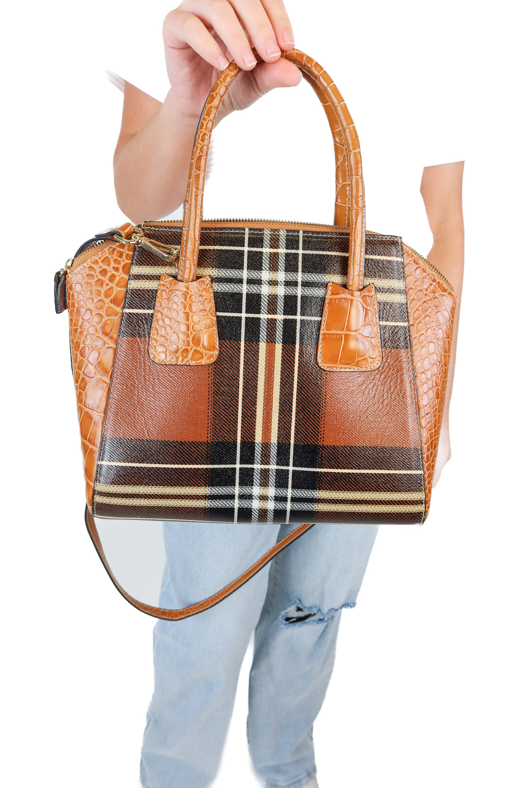 Mario Valentino Brown Plaid Croc Trim Handbag (retail $895)