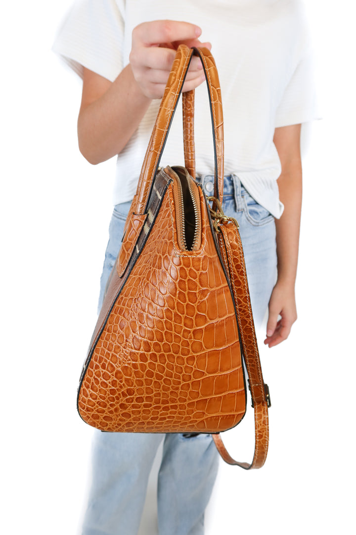 Mario Valentino Brown Plaid Croc Trim Handbag (retail $895)