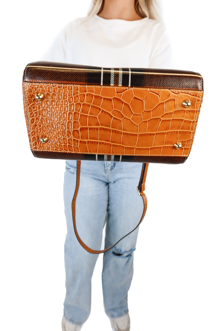 Mario Valentino Brown Plaid Croc Trim Handbag (retail $895)