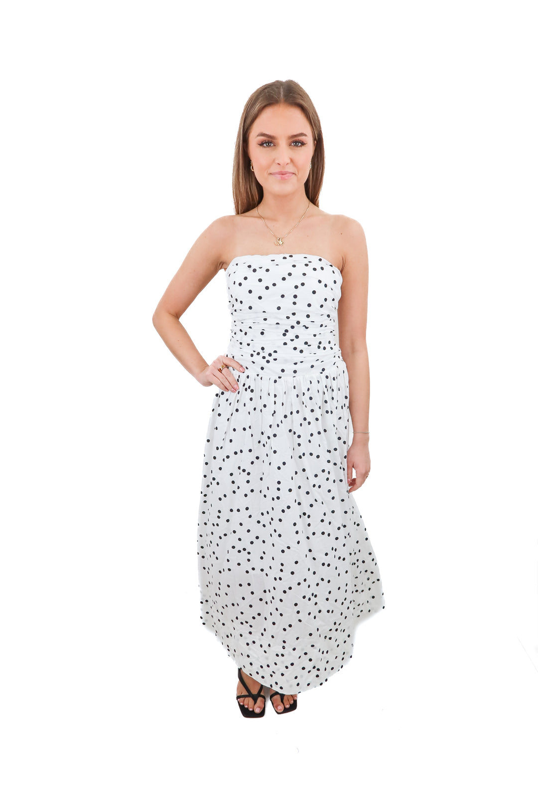 vici white polka dot strapless dress (s; retail $74)