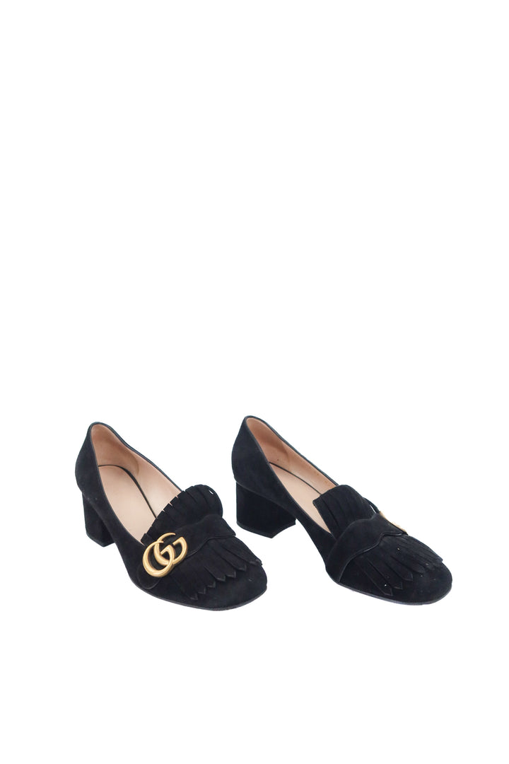 gucci gg black suede fringe block heel (39/ US9-9.5; retail $995)
