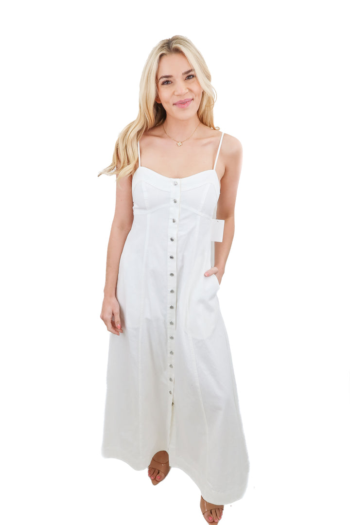 free people white denim button up maxi dress (s; retail $168)