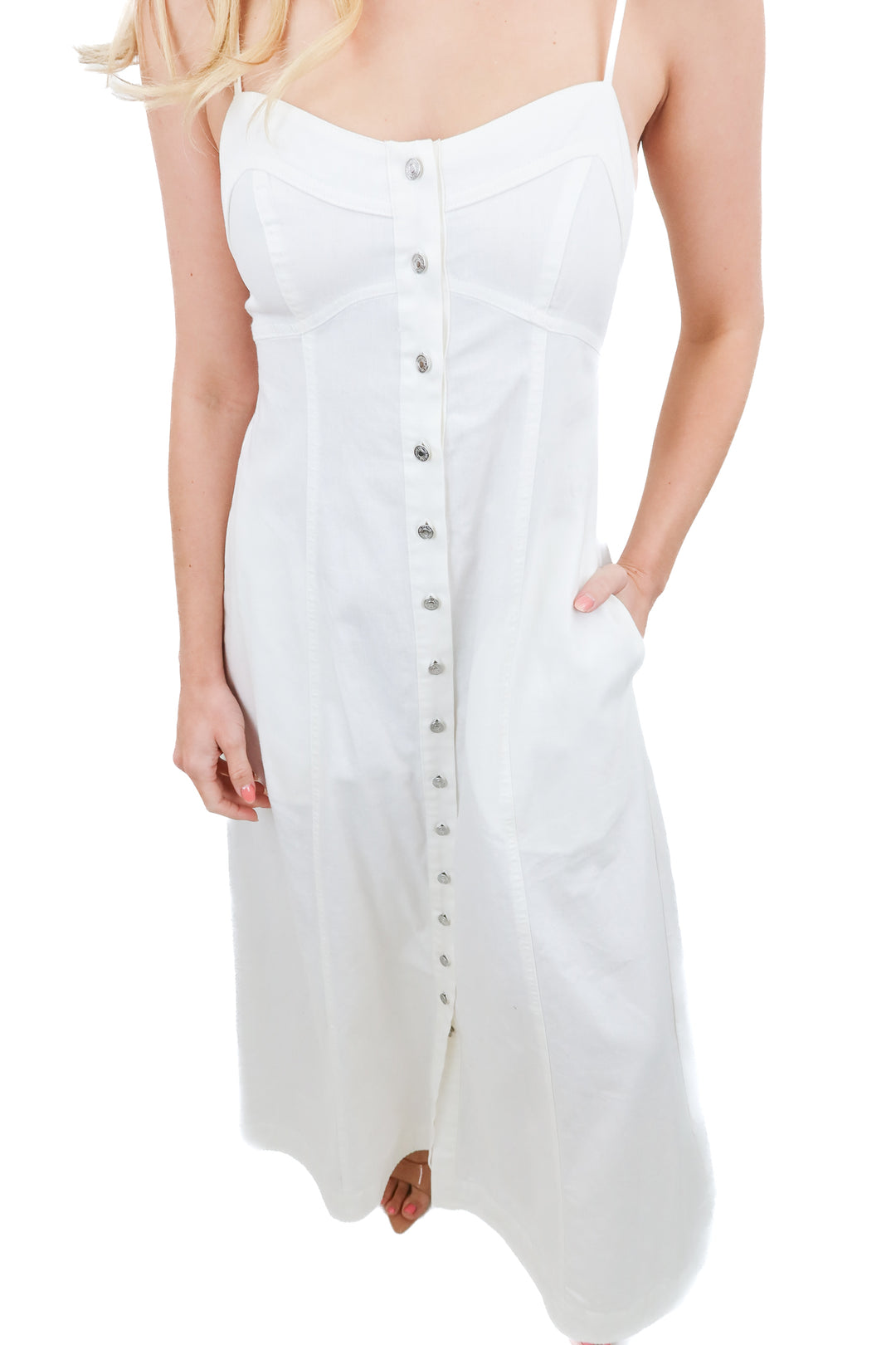 free people white denim button up maxi dress (s; retail $168)