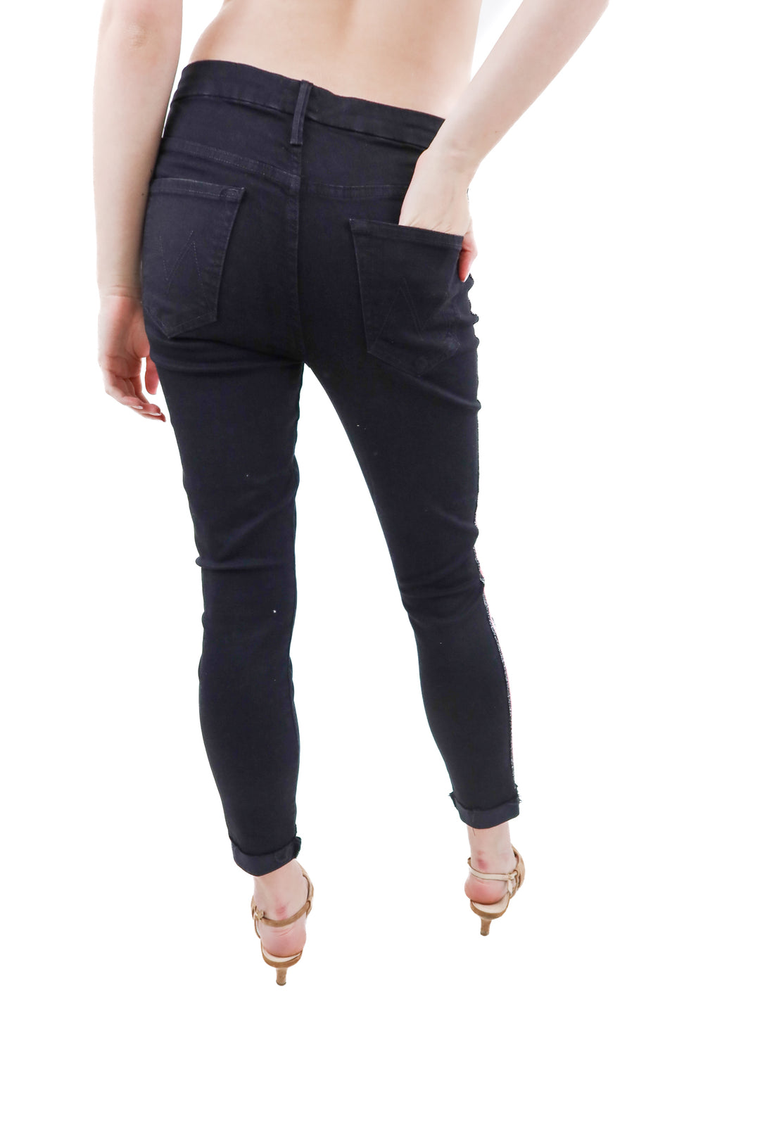 Mother black metallic stripe skinny jeans (28)